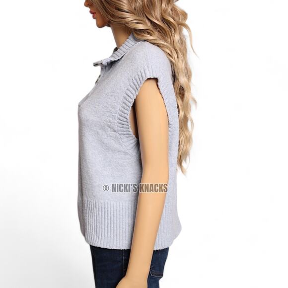 Pink Rose Light Blue Quarter Zip Sweater Vest Ribbed Collar Knit Top Size M - Picture 9 of 15